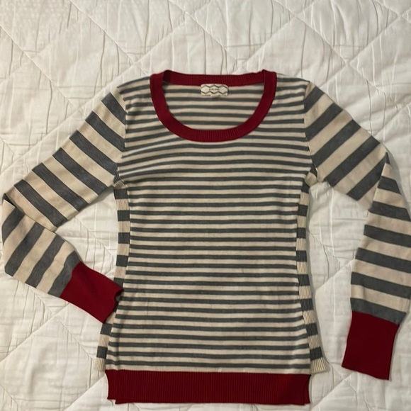 Pink Rose cream and gray striped sweater with red trim size medium scoop neck - Picture 1 of 3